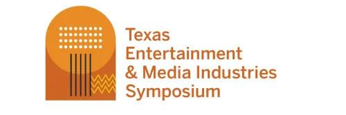 Words next to orange semi-circle design: "Texas Entertainment and Media Industries Symposium"